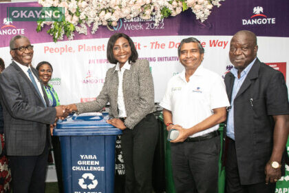 L-R: Rector, Yaba College of Technology, Lagos, Engr. Obafemi Omokungbe; Head, Sustainability, Dangote Cement, Dr. Igazeuma Okoroba; Technical Director, Dangote Cement, Duraisamy Anandam; and General Manager, Regional Sales, Dangote Cement, Johnson Olaniyi at the 2022 Dangote Sustainability Week event tagged "Yaba Green Challenge", in Lagos recently.