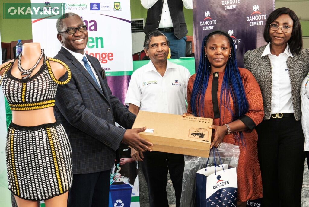  L-R: Rector, Yaba College of Technology, Lagos, Engr. Obafemi Omokungbe;  Technical Director, Dangote Cement, Duraisamy Anandam; Winner, Yaba Green Challenge, Ajide Comfort; Head, Sustainability, Dangote Cement, Dr. Igazeuma Okoroba; at the 2022 Dangote Sustainability Week event tagged "Yaba Green Challenge", in Lagos recently.