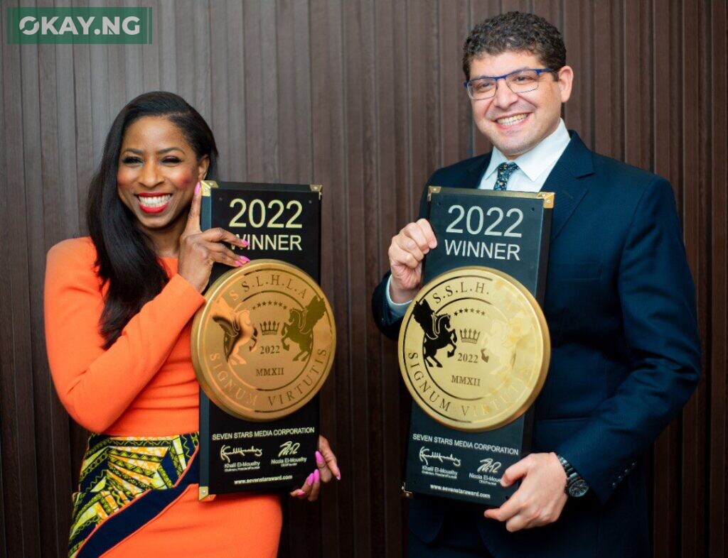 From Left: Mrs Dupe Olusola, Managing Director/CEO Transcorp Hotels Plc and Islam El-Maddah, Hotel Manager Transcorp Hilton Abuja, holding the hotels awards for Best Luxury Business Hotel in Nigeria and Africa