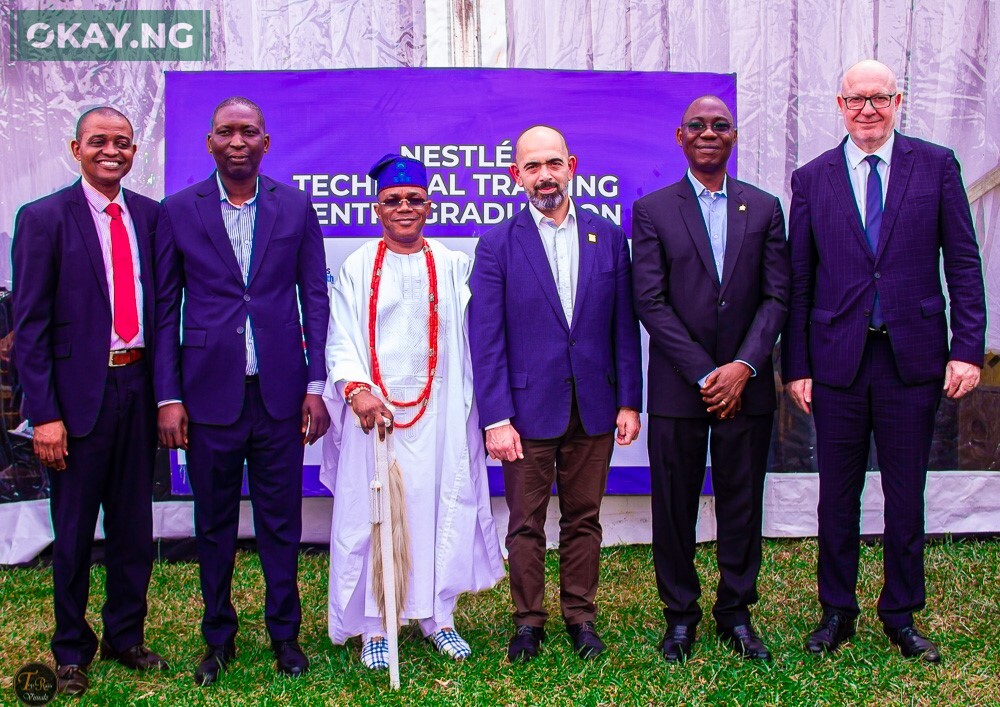 From left to right - Engr Martins Adeleke the City and Guilds Country Manager, Shakiru Lawal the Country HR Manager at Nestlé Nigeria PLC, HRM Oba (Barr.) Lukman Jayeola Agunbiade the Alagbara of Agbara, Wassim Elhusseini, MD/CEO Nestlé Nigeria, Ibukun-Olu Ipinmoye the Agbara Factory Manager at Nestlé Nigeria PLC and Thomas Schneider the Consul General at the Consulate of Switzerland in Lagos.