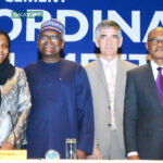 Non-Executive Director, Dangote Cement Plc, Halima Aliko-Dangote; Chairman, Dangote Cement Plc, Aliko Dangote; Group Managing Director, Dangote Cement Plc, Michel Puchercos; and Non-Executive Director, Dangote Cement Plc, Olakunle Alake at the Extraordinary General Meeting of Dangote Cement Plc, held in Lagos on December 13, 2022.