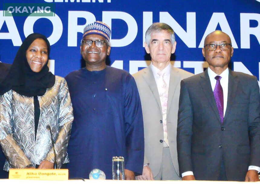 Non-Executive Director, Dangote Cement Plc, Halima Aliko-Dangote; Chairman, Dangote Cement Plc, Aliko Dangote; Group Managing Director, Dangote Cement Plc, Michel Puchercos; and Non-Executive Director, Dangote Cement Plc, Olakunle Alake at the Extraordinary General Meeting of Dangote Cement Plc, held in Lagos on December 13, 2022.