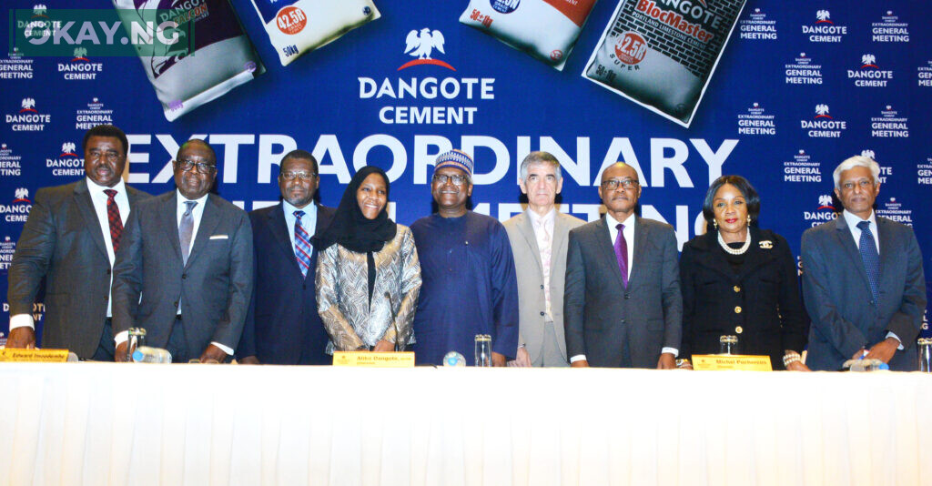 Acting Company Secretary, Dangote Cement Plc, Edward Imoedemhe; Independent Non-Executive Director, Dangote Cement Plc, Ernest Ebi; Non-Executive Director, Dangote Cement Plc, Abdu Dantata; Non-Executive Director, Dangote Cement Plc, Halima Aliko-Dangote; Chairman, Dangote Cement Plc, Aliko Dangote; Group Managing Director, Dangote Cement Plc, Michel Puchercos; Non-Executive Director, Dangote Cement Plc, Olakunle Alake; Non-Executive Director, Dangote Cement Plc, Dorothy Ufot, SAN; and Deputy Group Managing Director, Dangote Cement Plc, Philip Mathew, at the Extraordinary General Meeting of Dangote Cement Plc, held in Lagos on December 13, 2022.