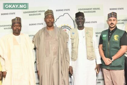 L-R; Assistant Secretary (PCFRR) Umar Musa Gulani, Who Represent the of Chairman Presidential Committee On Flood Relief Rehabilitation (PCFRR) Aliko Dangote, Director General (NEMA) Ahmed Mustapha Habib, Borno State Governor, Prof. Babagana Umar Zulum, at Flag Off ceremony for Distribution of Presidential Committee on Flood Relief Rehabilitation donated relief materials to Flood Victims in Borno State on Tuesday 6th December 2022 at NEMA Zonal Office, Maiduguri, Borno State