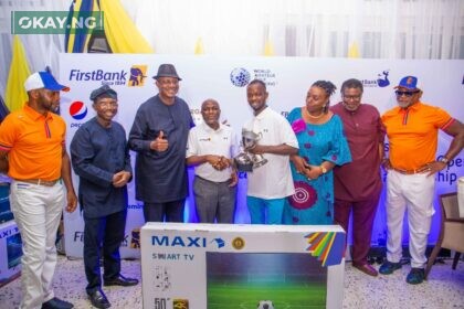 L-R: Kayode Oguntayo, Director, Concierge Sports Limited; Taiwo Okeowo, Deputy Managing Director, FBNQuest Merchant Bank Limited; Dr. Anthony Oboh, Golf Captain, Golf Section of Ikoyi Club 1938; Olusegun Alebiosu, Executive Director, Chief Risk Officer, First Bank of Nigeria Limited presenting the trophy to Emmanuel Ojeabulu, winner of the 61st Lagos Open Golf Championship; Nkoli Moka, Lady Captain, Golf Section of Ikoyi Club 1938; Akinwumi Akintola, Vice Chairman, Ikoyi Club 1938 and Ibukun Obatoyinbo; Director, Concierge Sports Limited at the prize presentation and awards dinner of the 61st FirstBank Lagos Amateur Open Golf Championship held recently at the Golf Section of Ikoyi Club 1938, Ikoyi, Lagos.