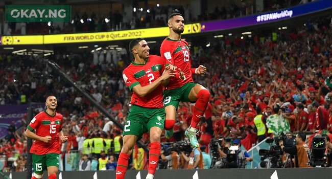 Morocco players celebrate their goal against Portugal.