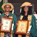 Managing Director, Shell Nigeria Exploration and Production Company Limited (SNEPCo), Elohor Aiboni and General Manager, Safety and Environment, Elozino Olaniyan after their conferment with the fellowship of the Nigeria Society of Engineer in Abuja… recently