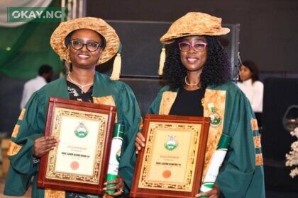 Managing Director, Shell Nigeria Exploration and Production Company Limited (SNEPCo), Elohor Aiboni and General Manager, Safety and Environment, Elozino Olaniyan after their conferment with the fellowship of the Nigeria Society of Engineer in Abuja… recently