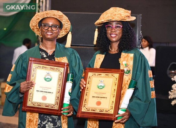 Managing Director, Shell Nigeria Exploration and Production Company Limited (SNEPCo), Elohor Aiboni and General Manager, Safety and Environment, Elozino Olaniyan after their conferment with the fellowship of the Nigeria Society of Engineer in Abuja… recently