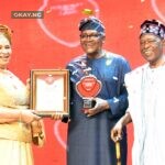 L--R: Chairman of Occasions, Mrs. Ajoritsedere Awosika, President/CE, Dangote Industries limited, Aliko Dangote, with the Vanguard 2022 Personality of the year Award, Publisher of Vanguard Newspapers, Sam Amuka, at the Vanguard Newspapers 2022 Awards in Lagos on Friday 27th January 2023