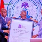 (L-R) Leaders of CACOVID, Governor of Central Bank (CBN), Godwin Emefiele; Group Managing Director of Access Holding, Herbert Wigwe; and the Chairman of Aliko Dangote Foundation, (ADF), Alhaji Aliko Dangote making a symbolic presentation of the 130 security vehicles to President Muhammadu Buhari by CACOVID.