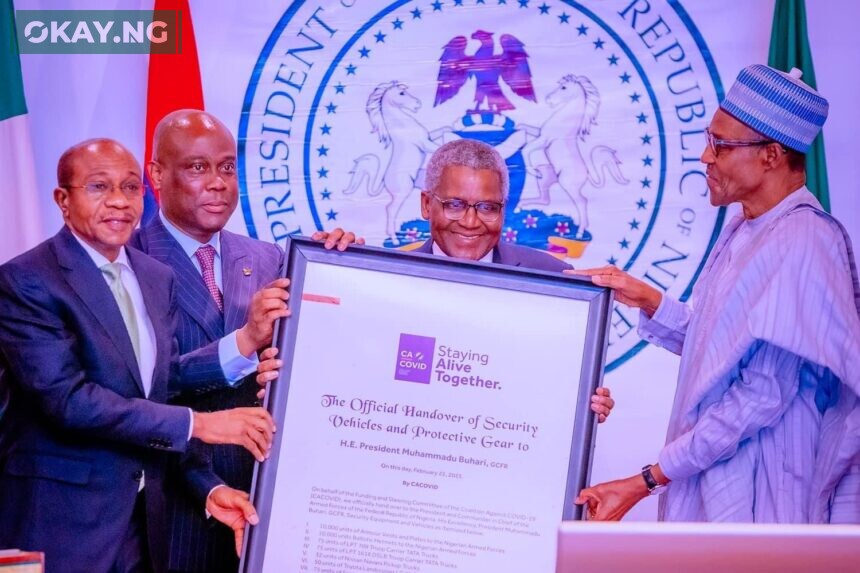 (L-R) Leaders of CACOVID, Governor of Central Bank (CBN), Godwin Emefiele; Group Managing Director of Access Holding, Herbert Wigwe; and the Chairman of Aliko Dangote Foundation, (ADF), Alhaji Aliko Dangote making a symbolic presentation of the 130 security vehicles to President Muhammadu Buhari by CACOVID.