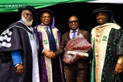 L-R: Vice Chancellor, Imo State University (IMSU), Prof. Uchefula Chukwumaeze, SAN, FCArb; Governor, Imo State, His Excellency, Senator Hope Uzodimma; Director, Planning, Research & Statistics, Nigerian Content Development and Monitoring Board (NCDMB), Mr. Patrick Daziba Obah, & Pro-Chancellor IMSU and pioneer Executive Secretary NCDMB, Dr. Ernest Nwapa, at IMSU's 8th Convocation ceremony on Saturday at Owerri.