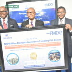 (L-R) Chief Executive Officer of FMDQ, Bola Onadele Koko; Group Managing Director, Dangote Industry Limited, Olakunle Alake and Mustapha Ibrahim, the Group Chief Financial Officer, Dangote Industries Ltd. during the Listing Ceremony of the Dangote Industries Funding Plc's Bonds at FMDQ, in Lagos