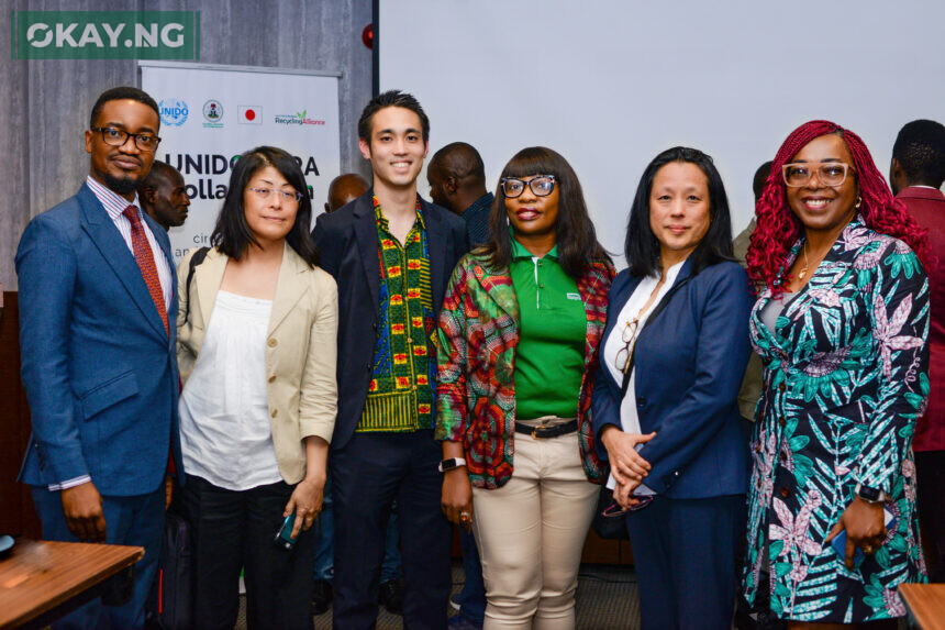 L-R Oluyomi Banjo (National Programme Coordinator, UNIDO); Nishio Nahomi (Project Manager, UNIDO); Mr. Ryosuke Arai (Sales Manager Recycled Plastics, RECOTECH); Agharese Onaghise (Executive Secretary, FBRA); Sakoto Takenoshita (Technical Advisor, UNIDO) and Victoria Uwadoka (Corporate Communications & PR Manager, Nestle Nigeria).