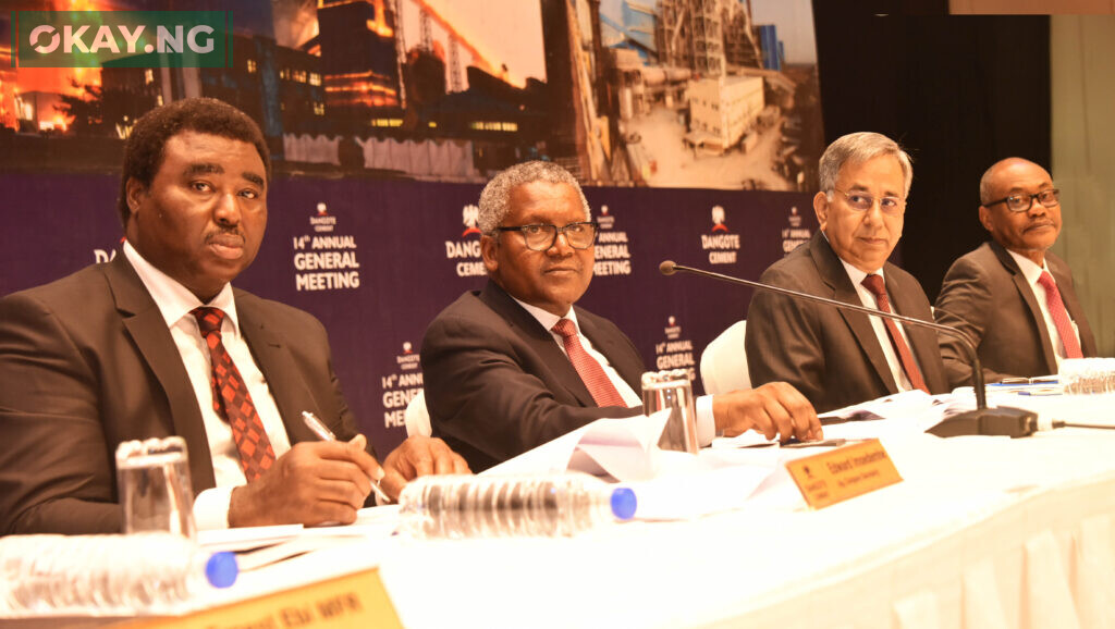 L-R: Ag. Company Secretary, Dangote Cement Plc, Edward Imoedemhe; Chairman, Dangote Cement Plc, Aliko Dangote; Group Managing Director/CEO, Dangote Cement Plc, Arvind Pathak; and Non-Executive Director, Dangote Cement Plc, Olakunle Alake at the 14th Annual General Meeting of Dangote Cement Plc held in Lagos on 13th April 2023 