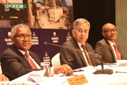 L-R: Chairman, Dangote Cement Plc, Aliko Dangote; Group Managing Director/CEO, Dangote Cement Plc, Arvind Pathak; and Non-Executive Director, Dangote Cement Plc, Olakunle Alake at the 14th Annual General Meeting of Dangote Cement Plc held in Lagos on 13th April 2023
