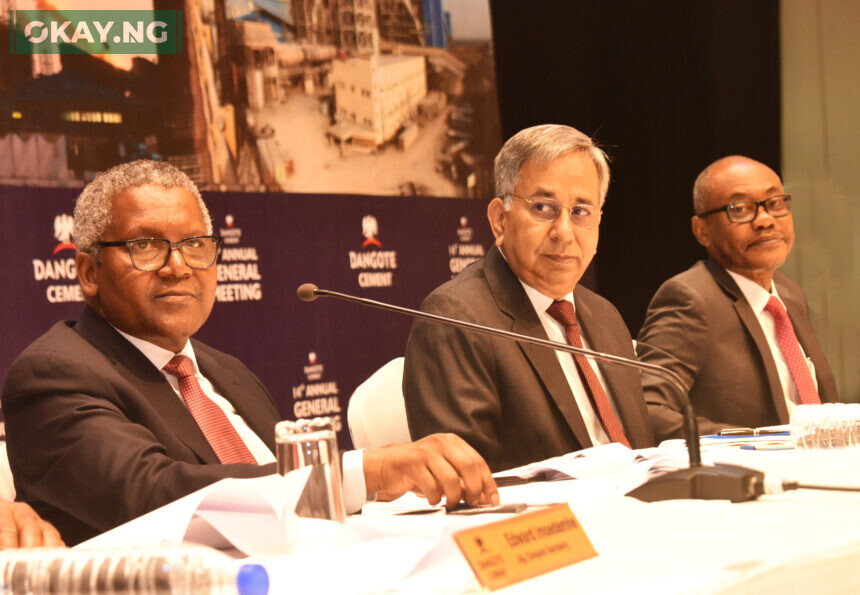 L-R: Chairman, Dangote Cement Plc, Aliko Dangote; Group Managing Director/CEO, Dangote Cement Plc, Arvind Pathak; and Non-Executive Director, Dangote Cement Plc, Olakunle Alake at the 14th Annual General Meeting of Dangote Cement Plc held in Lagos on 13th April 2023