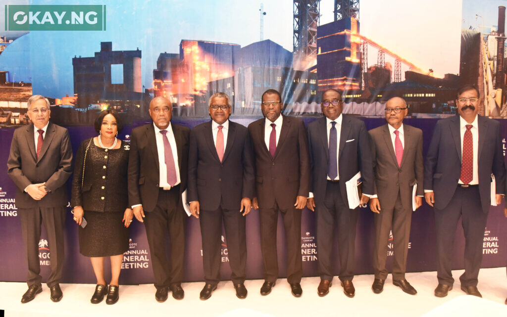 L-R: Group Managing Director/CEO, Dangote Cement Plc, Arvind Pathak; Independent Non-Executive Director, Dangote Cement Plc, Dorothy Udeme Ufot, SAN; Independent Non-Executive Director, Dangote Cement Plc, Emmanuel Ikazoboh; Chairman, Dangote Cement Plc, Aliko Dangote; Non-Executive Director, Dangote Cement Plc, Abdu Dantata; Independent Non-Executive Director, Dangote Cement Plc, Ernest Ebi; Non-Executive Director, Dangote Cement Plc, Olakunle Alake; Non-Executive Director; Devakumar Edwin; at the 14th Annual General Meeting of Dangote Cement Plc held in Lagos on 13th April, 2023 