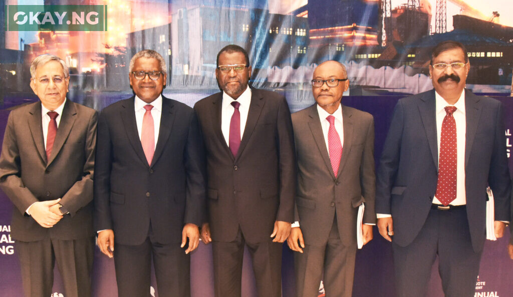 L-R: Group Managing Director/CEO, Dangote Cement Plc, Arvind Pathak; Chairman, Dangote Cement Plc, Aliko Dangote; Non-Executive Director, Dangote Cement Plc, Abdu Dantata; ; Non-Executive Director, Dangote Cement Plc, Olakunle Alake; Non-Executive Director; Devakumar Edwin; at the 14th Annual General Meeting of Dangote Cement Plc held in Lagos on 13th April, 2023