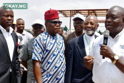 (L-R): Regional Sales Director, South East, Dangote Cement, Dr Abayomi Shittu; Vice President Trade Fair Enugu Chamber of Commerce, Industry, Mines and Agriculture (ECCIMA), Chief Nnonye Osakwe; Vice president Publicity, Dr. Emma Nwankpa and Dangote Cement Coordinator, Artisans Training, Mr Johnson Olaniyi at the practical demonstration of the uses of Dangote Falcon Cement.