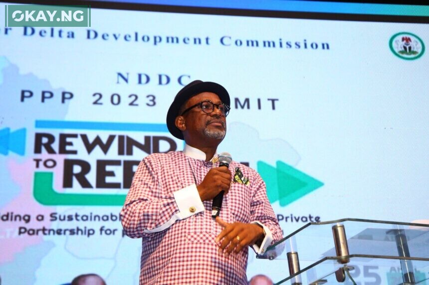 Executive Secretary of the Nigerian Content Development and Monitoring Board (NCDMB), Engr. Simbi Kesiye Wabote making a presentation at the NDDC Public-Private Partnership Summit 2023 held in Lagos on Tuesday.