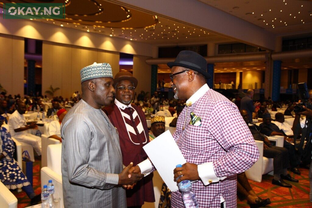 Executive Secretary of the Nigerian Content Development and Monitoring Board (NCDMB), Engr. Simbi Kesiye Wabote exchanging pleasantries with dignitaries at the NDDC Public-Private Partnership Summit 2023 held in Lagos on Tuesday.