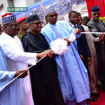 L-R: Lagos State Governor, Babajide Sanwo-Olu; Senate President, Sen. Ahmad Ibrahim Lawan; President/Chief Executive, Dangote Industries Limited, Aliko Dangote; President of Federal Republic of Nigeria, Muhammadu Buhari, cutting the tape; President of Togo, Faure Gnassingbe; Ogun State Governor, Dapo Abiodun; and Group Executive Director, Strategy, Capital Projects & Portfolio Development, Dangote Industries Limited, Devakumar Edwin, at the commissioning of Dangote Petroleum Refinery and Petrochemicals FZE, (650,000 barrels per day Petroleum Refining and 900,000 tonnes per annum Polypropylene Production) in Lagos on Monday, May 22, 2023.