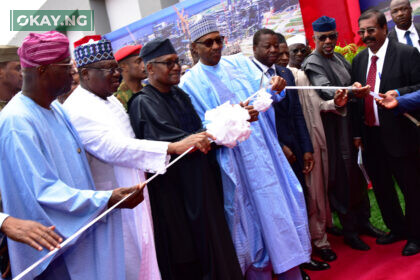 L-R: Lagos State Governor, Babajide Sanwo-Olu; Senate President, Sen. Ahmad Ibrahim Lawan; President/Chief Executive, Dangote Industries Limited, Aliko Dangote; President of Federal Republic of Nigeria, Muhammadu Buhari, cutting the tape; President of Togo, Faure Gnassingbe; Ogun State Governor, Dapo Abiodun; and Group Executive Director, Strategy, Capital Projects & Portfolio Development, Dangote Industries Limited, Devakumar Edwin, at the commissioning of Dangote Petroleum Refinery and Petrochemicals FZE, (650,000 barrels per day Petroleum Refining and 900,000 tonnes per annum Polypropylene Production) in Lagos on Monday, May 22, 2023.