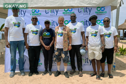 L-R: Mr. Hillary Ajuebon, DH, Resources, Unity Bank Plc; Mr. Funwa Akinmade, Group Head, Retail, SME and E-Business, Unity Bank P lc; Doyinsola Ogunye, Founder, RESWAYE; Desmond Majekodunmi, Founder, LUFASI Nature Park; Ibukun Coker, Head, Strategy Department, Unity Bank Plc; Eghomwanre Iyamu, Head, E-Business Departmentm Unity Bank Plc and Samuel Akinyele, Head, Business Support Department, Unity Bank Plc at the beach cleaning exercise to mark the World Earth Day 2023.