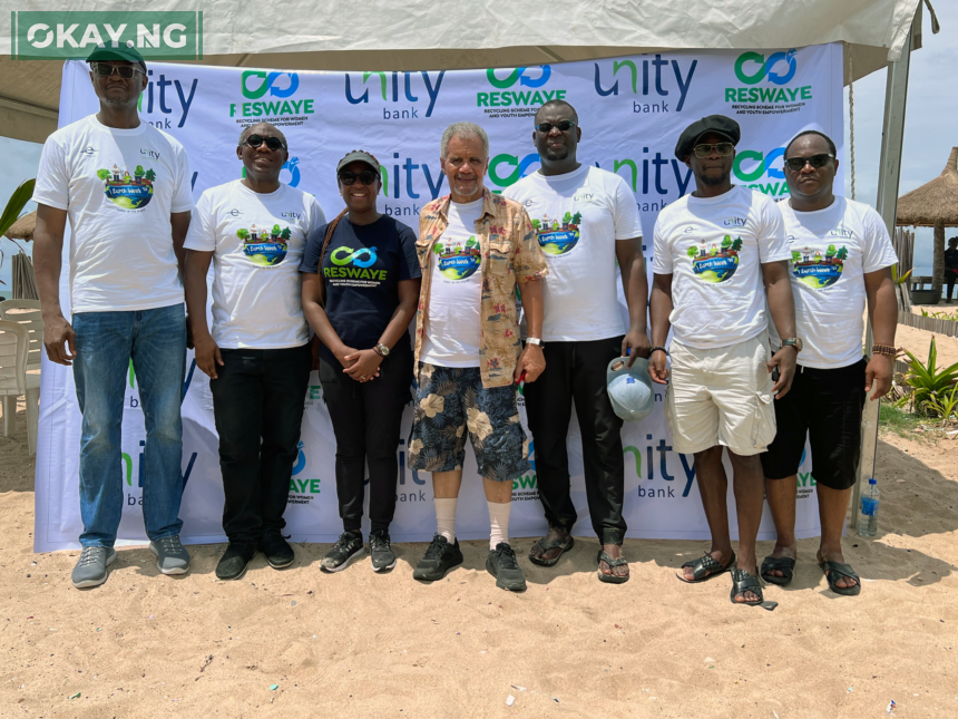 L-R: Mr. Hillary Ajuebon, DH, Resources, Unity Bank Plc; Mr. Funwa Akinmade, Group Head, Retail, SME and E-Business, Unity Bank P lc; Doyinsola Ogunye, Founder, RESWAYE; Desmond Majekodunmi, Founder, LUFASI Nature Park; Ibukun Coker, Head, Strategy Department, Unity Bank Plc; Eghomwanre Iyamu, Head, E-Business Departmentm Unity Bank Plc and Samuel Akinyele, Head, Business Support Department, Unity Bank Plc at the beach cleaning exercise to mark the World Earth Day 2023.