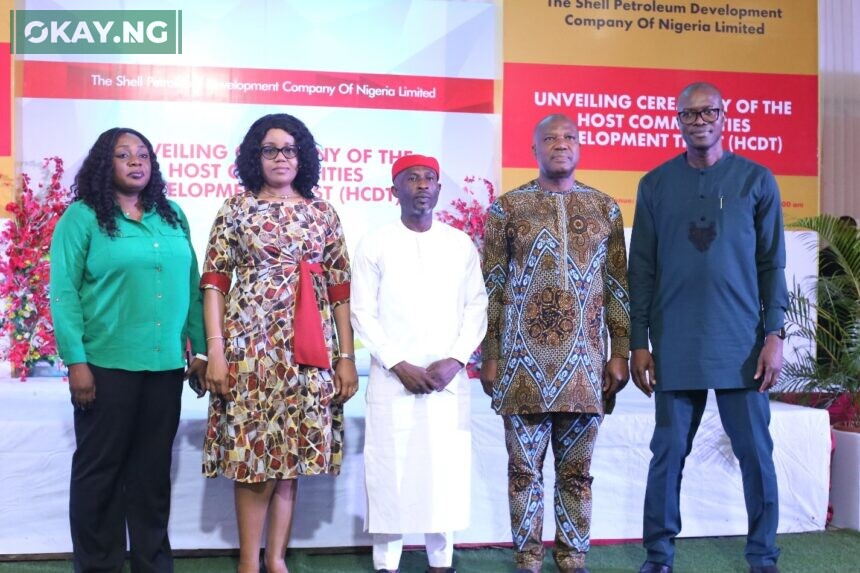 L–R: Senior Adviser Stakeholder Relations, NNPC Upstream Investment Management Services (NUIMS), Joy Eguahon; Manager, Host Communities Development, Nigerian Upstream Petroleum Regulatory Commission ( NUPRC), Omolade Awah; Chairman, Kolo-Creek Host Community Trust, Joseph Otobo; Commissioner, Mineral Resources, Bayelsa State, Ibieri Jones, and SPDC Director and Head Corporate Relations, Shell Companies in Nigeria, Igo Weli, at the inauguration of Host Community Development Trusts in Yenagoa ...on Tuesday.