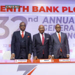 Founder and Chairman of Zenith Bank Plc, Dr. Jim Ovia, CFR, flanked by the Group Managing Director/Chief Executive of Zenith Bank, Dr. Ebenezer Onyeagwu (Left) and the Company Secretary, Mr. Micheal Otu (Right) during the bank's 32nd Annual General Meeting (AGM) held virtually from the Civic Centre, Victoria Island, Lagos, yesterday.