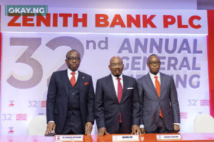 Founder and Chairman of Zenith Bank Plc, Dr. Jim Ovia, CFR, flanked by the Group Managing Director/Chief Executive of Zenith Bank, Dr. Ebenezer Onyeagwu (Left) and the Company Secretary, Mr. Micheal Otu (Right) during the bank's 32nd Annual General Meeting (AGM) held virtually from the Civic Centre, Victoria Island, Lagos, yesterday.