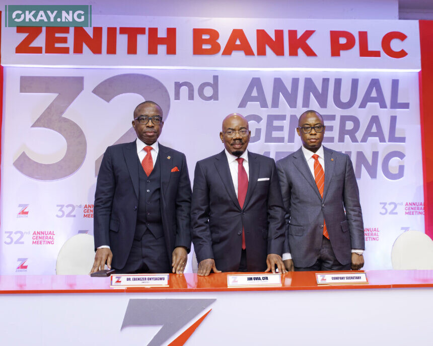 Founder and Chairman of Zenith Bank Plc, Dr. Jim Ovia, CFR, flanked by the Group Managing Director/Chief Executive of Zenith Bank, Dr. Ebenezer Onyeagwu (Left) and the Company Secretary, Mr. Micheal Otu (Right) during the bank's 32nd Annual General Meeting (AGM) held virtually from the Civic Centre, Victoria Island, Lagos, yesterday.