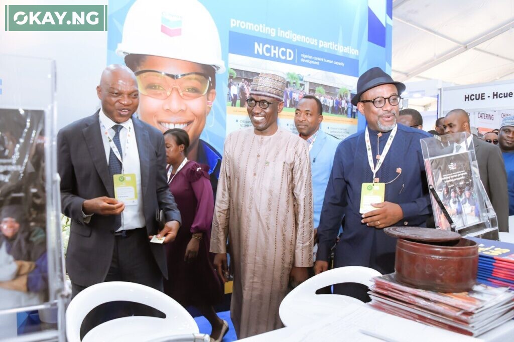 L-R: Chairman of Shell Companies in Nigeria, Mr. Osagie Okunbor; Group Chief Executive Officer, Nigerian National Petroleum Company Ltd, Mallam Mele Kolo Kyari and Executive Secretary NCDMB, Engr. Simbi Kesiye Wabote at the 2023 Nigerian Oil and Gas Opportunity Fair (NOGOF).
