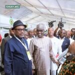 L-R: Executive Secretary NCDMB, Engr. Simbi Kesiye Wabote; Group Chief Executive Officer, Nigerian National Petroleum Company Ltd, Mallam Mele Kolo Kyari and Commissioner for Mineral Resources, Bayelsa State, Dr. Ibiene Jones at the exhibition of capacities at the 2023 Nigerian Oil and Gas Opportunity Fair (NOGOF).