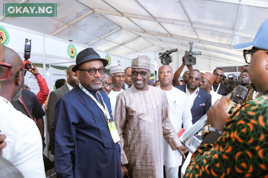 L-R: Executive Secretary NCDMB, Engr. Simbi Kesiye Wabote; Group Chief Executive Officer, Nigerian National Petroleum Company Ltd, Mallam Mele Kolo Kyari and Commissioner for Mineral Resources, Bayelsa State, Dr. Ibiene Jones at the exhibition of capacities at the 2023 Nigerian Oil and Gas Opportunity Fair (NOGOF).