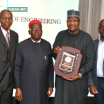 L-R: Reuben Muoka, Director, Public Affairs, Nigerian Communications Commission (NCC); Vincent Maduka, past President, Nigerian Academy of Engineering (NAEng); Prof. Azikiwe Onwualu, President, NAEng; Prof. Umar Danbatta, Executive Vice Chairman/Chief Executive Officer (EVC/CEO) NCC; Abraham Oshadami, Director, Spectrum Administration, NCC; Hafiz Shehu, Chief of Staff to the EVC, NCC; at the Academy’s 2023 Technology Dinner where Danbatta received Platinum Appreciation Award in Lagos on Wednesday (June 21, 2023).