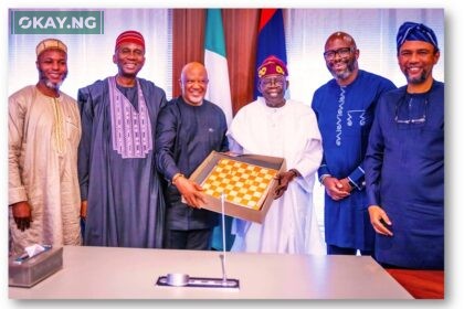 L-R: Chief Financial Officer, MTN Nigeria, Modupe Kadri; Chairman, MTN Nigeria, Dr. Ernest Ndukwe (OFR); Chairman, MTN Group, Mcebisi Jonas; President Bola Ahmed Tinubu; President & CEO, MTN Group, Ralph Mupita and Chief Executive Officer, MTN Nigeria, Karl Toriola during a courtesy visit by the leadership of MTN to the President.