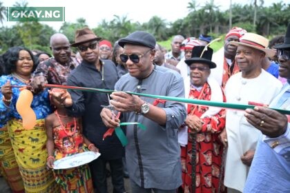 Honourable Commissioner for Chieftaincy & Community Affairs in Rivers State, Engr. Charles Amadi, flanked by NLNG’s GM for External Relations & Sustainable Development Andy Odeh, commissioning the 1km Rumuji/Rumuewhor Link Road, initiated and completed by the Rumuji community and funded by the Nigeria LNG Limited’s Global Memoranda of Understanding (GMoU) scheme on Tuesday…in Rumuji.