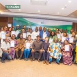 Participants sit with Andy Odeh, NLNG’s GM, External Relations and Sustainable Development (centre), and facilitators from The Journalism Clinic, Dan Mason and Taiwo Obe (Right) at the close of the #NLNGChangeYourStory workshop in Abuja.