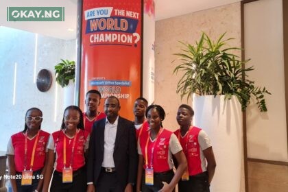 DG NITDA, Kashifu Inuwa in a group photograph with the Six Nigerian Students who participated at the Microsoft Office Specialist World Championship (MOSWC) du4ing the Council on Global Partner Summit held at Orlando, Florida, United States of America.