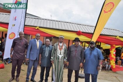 L -R: Head of Government Relations, The Shell Petroleum Development Company of Nigeria (SPDC), Meshack Asomba; SPDC's Community Health Manager, Dr. Akinwumi Fajola; Chief Medical Director, Rivers State Hospital Management Board, Dr. Bright Ogbonda; traditional head of Edagberi, His Royal Highness Sunny Ubele; SPDC's Corporate Relations Manager, Evans Krukrubo; and the Production Unit Manager, Oluseyi Adeleke, at the reopening of the Edagberi Cottage Hospital in Ahoada West Local Government area of Rivers State on July 27, 2023.