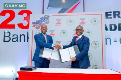 R-L: Group Managing Director/CEO of Zenith Bank Plc, Dr. Ebenezer Onyeagwu and the Secretary-General of the AfCFTA Secretariat, His Excellency Wamkele Mene during the signing of a Memorandum of Understanding (MoU) between Zenith Bank Plc and AfFCTA for the development of a smart portal, at the 8th Annual Edition of the Zenith Bank International Trade Seminar on Non-Oil Export held at the Civic Centre, Victoria Island, Lagos, yesterday.