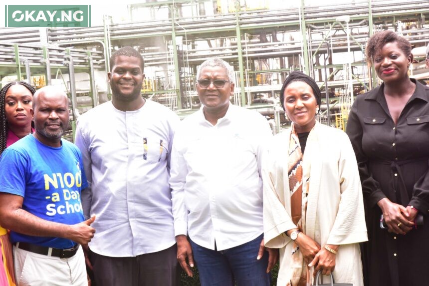 L--R, Peace Hyde Member of the Young Global Leadership From Ghana, Co-founder Knosk #100 A - Day Charity School Kuje, Kingsley Bangwell, Prof. Vukosi Marinate, Member of young Global Leadership From South Africa, Chairman, Aliko Dangote Foundation, Aliko Dangote; Dangote Industries Limited, Group Executive Director, Commercial, Fatima Aliko Dangote, Fataumata BA, Founder & Executive Chair Janngo Capital Senegal, Infront of the Fertilizer plant, During the Forum of Young Global Leaders, Aliko Dangote Fellowship Convening 2023 in Lagos, Visit Dangote Oil Petroleum and Fertilizer plant Lekki Lagos on Friday on 8th September 2023