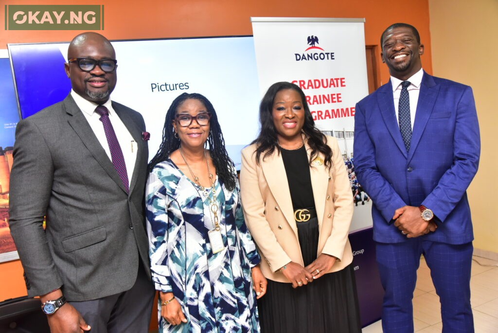 L-R: Acting Group Chief, HSSE & Sustainability, Dangote Industries Limited, James Adenuga; Group Head, Learning and Development, Dangote Industries Limited, Felicia Onyechi; Group Chief, Human Resources Officer, Dangote Industries Limited, Nglan Niat, and Group Head, Dangote Academy, Nwaji Jibunoh, at the Dangote Graduate Trainee Induction/inauguration Programme, held in Lagos on Monday, September 18, 2023