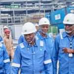 L-R) Busari Kamaru, representing the Permanent Secretary of the Federal Ministry of Petroleum Resources, Rt. Hon. Ekperikpe Ekpo, Minister of State for Petroleum Resources (Gas), Nnamdi Anowi, GM, Production (NLNG), and Dr. Philip Mshelbila, MD/CEO (NLNG), during a visit of the minister’s to NLNG’s Train 7 construction site on Bonny Island…yesterday.