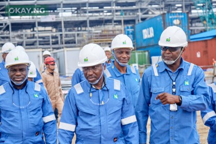 L-R) Busari Kamaru, representing the Permanent Secretary of the Federal Ministry of Petroleum Resources, Rt. Hon. Ekperikpe Ekpo, Minister of State for Petroleum Resources (Gas), Nnamdi Anowi, GM, Production (NLNG), and Dr. Philip Mshelbila, MD/CEO (NLNG), during a visit of the minister’s to NLNG’s Train 7 construction site on Bonny Island…yesterday.