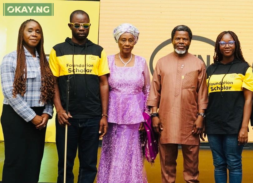 L-R: Executive Secretary, MTN Foundation, Odunayo Sanya; MTN Scholar, Joshua Dawang; Director, MTN Foundation, Mrs Aishatu Sadauki; Chairman, House Committee on Telecommunications, Honorable Peter Akpatason and MTN Scholar, Eniola Toba-Joshua at the MTN Foundation Scholarship Award and Induction Ceremony held in Abuja on September 21, 2023.